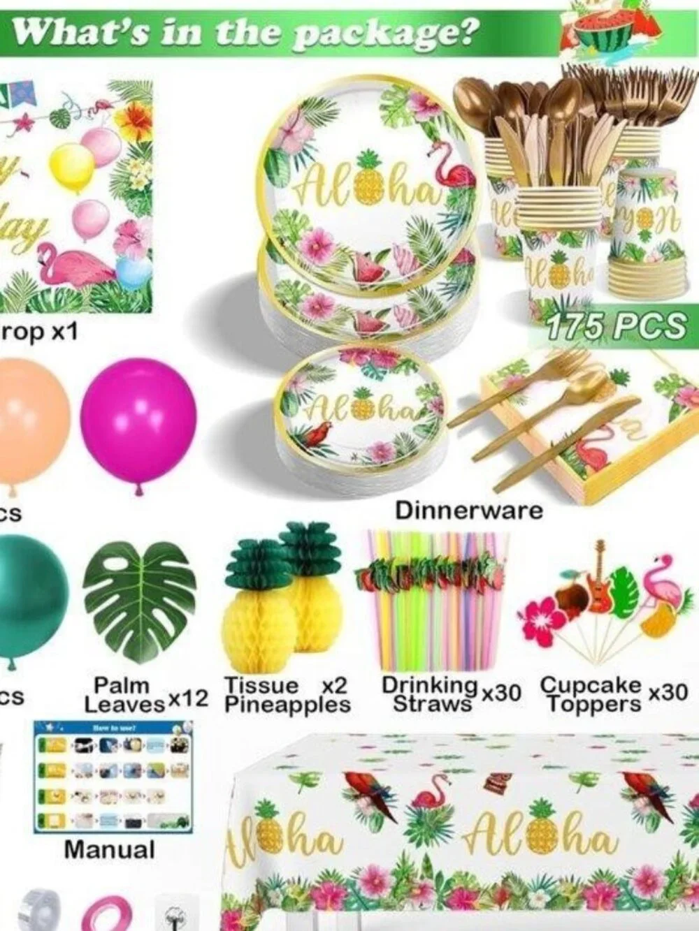 Hawaiian Party Decorations Kit Luau Hawaii 325 pieces Birthday NIB 25 Guest